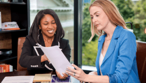 Female lawyer discussing case with client
